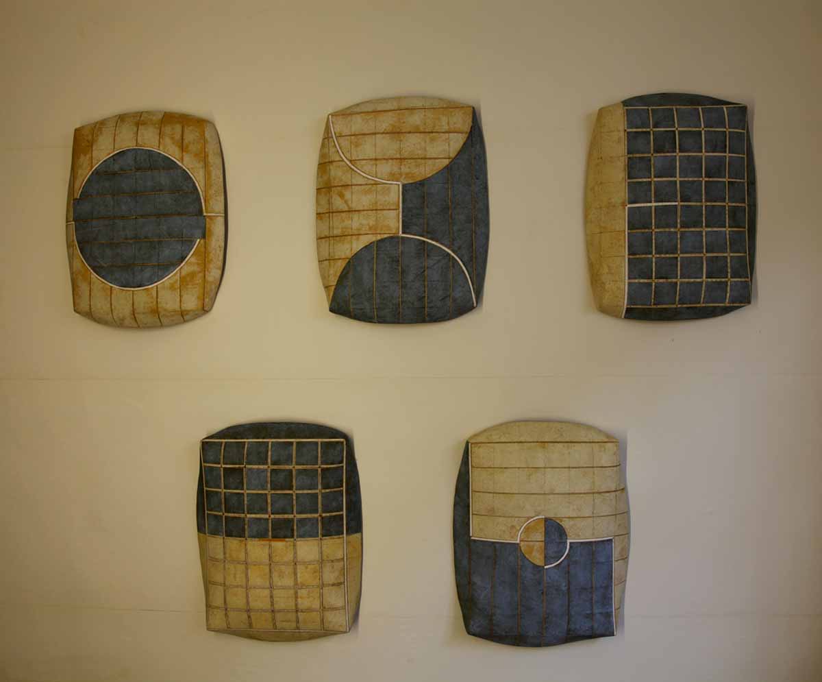 Five Stoneware Wall Mounted Rectangle Sculptures Each the Same Size and Shape, With Various Patterns