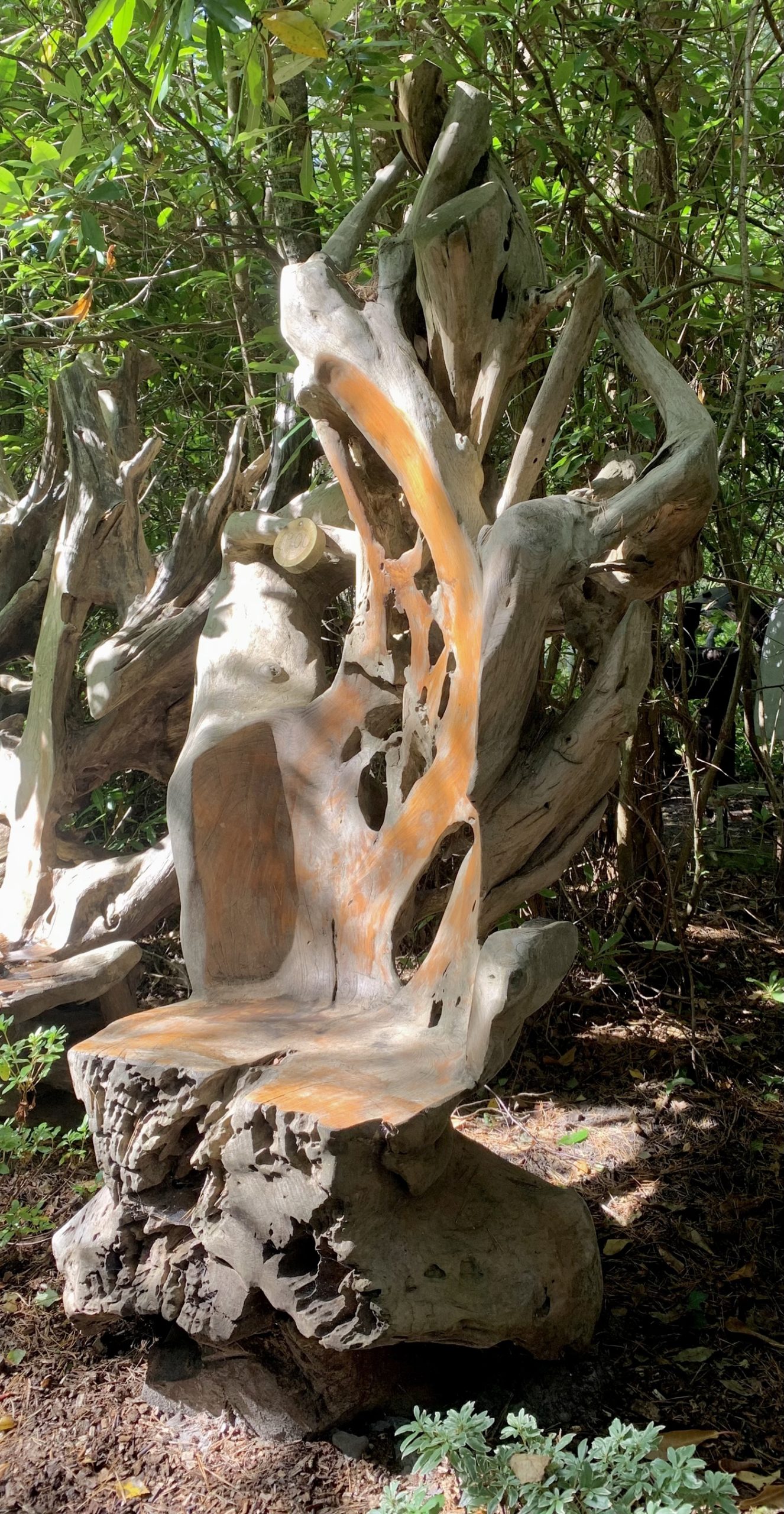 A furniture teak wood sculpture of a large chair made from a tree root.