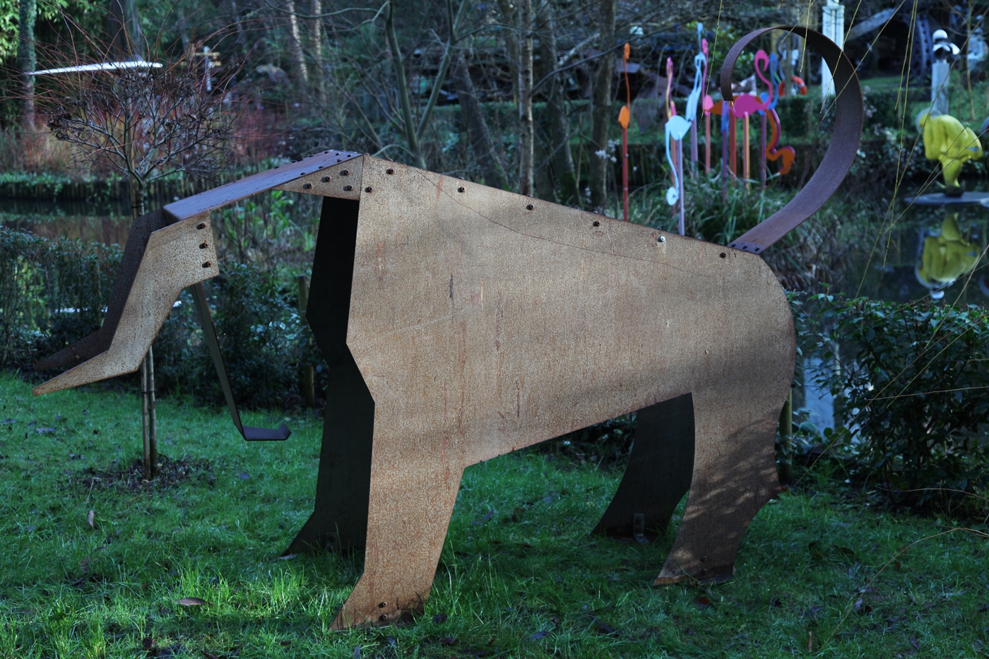 Abstract Steel Life Size Sculpture of a Bull Suitable for the Garden or Public Display