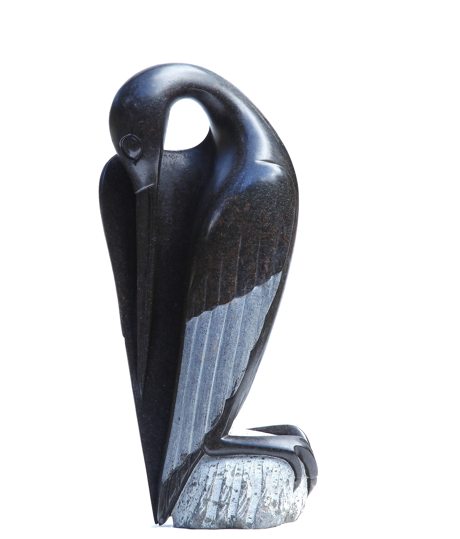 African Shona Springstone Sculpture of A Tall Bird Preening It's Feathers