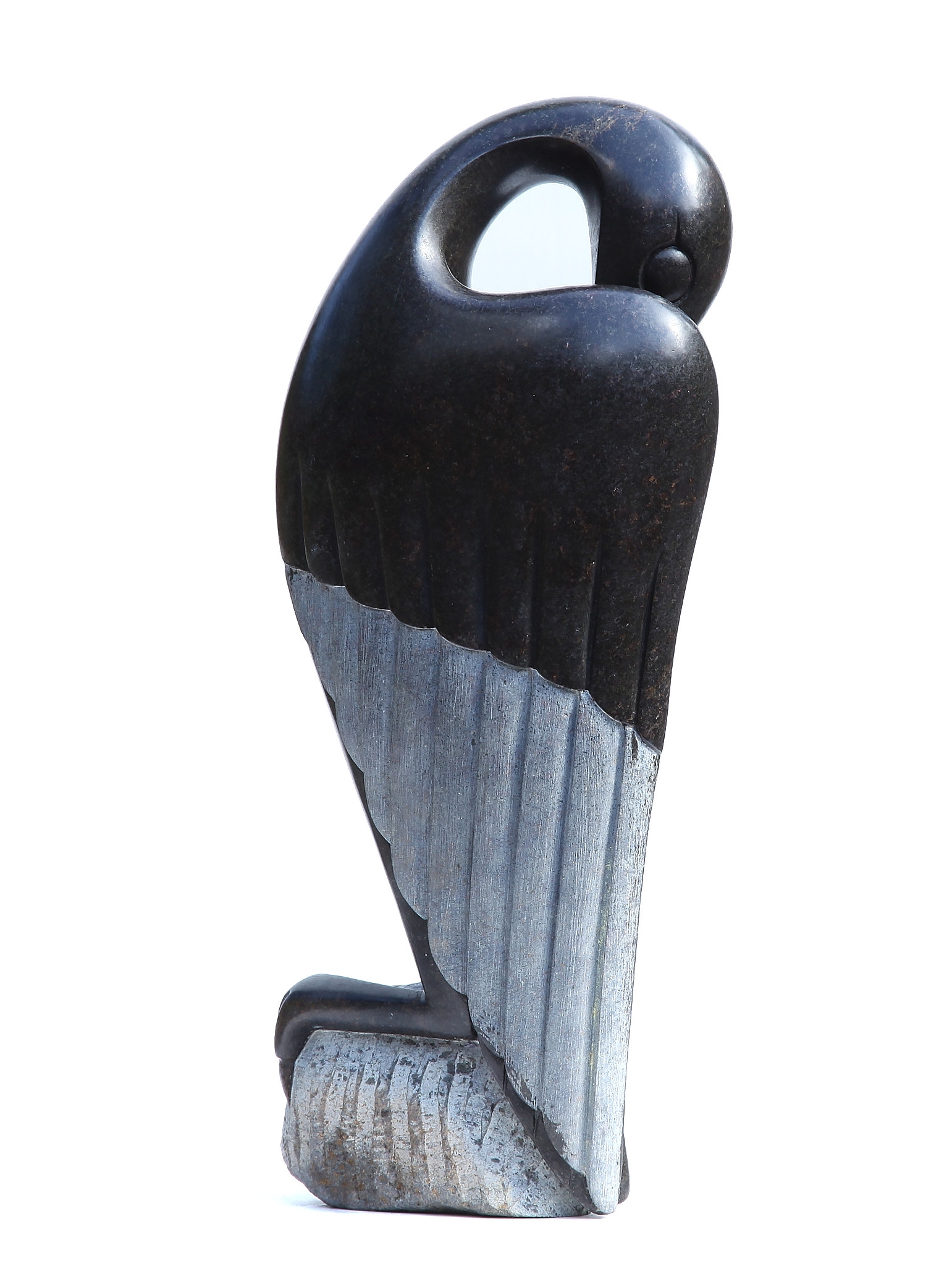 African Shona Springstone Sculpture of A Tall Bird Preening It's Feathers