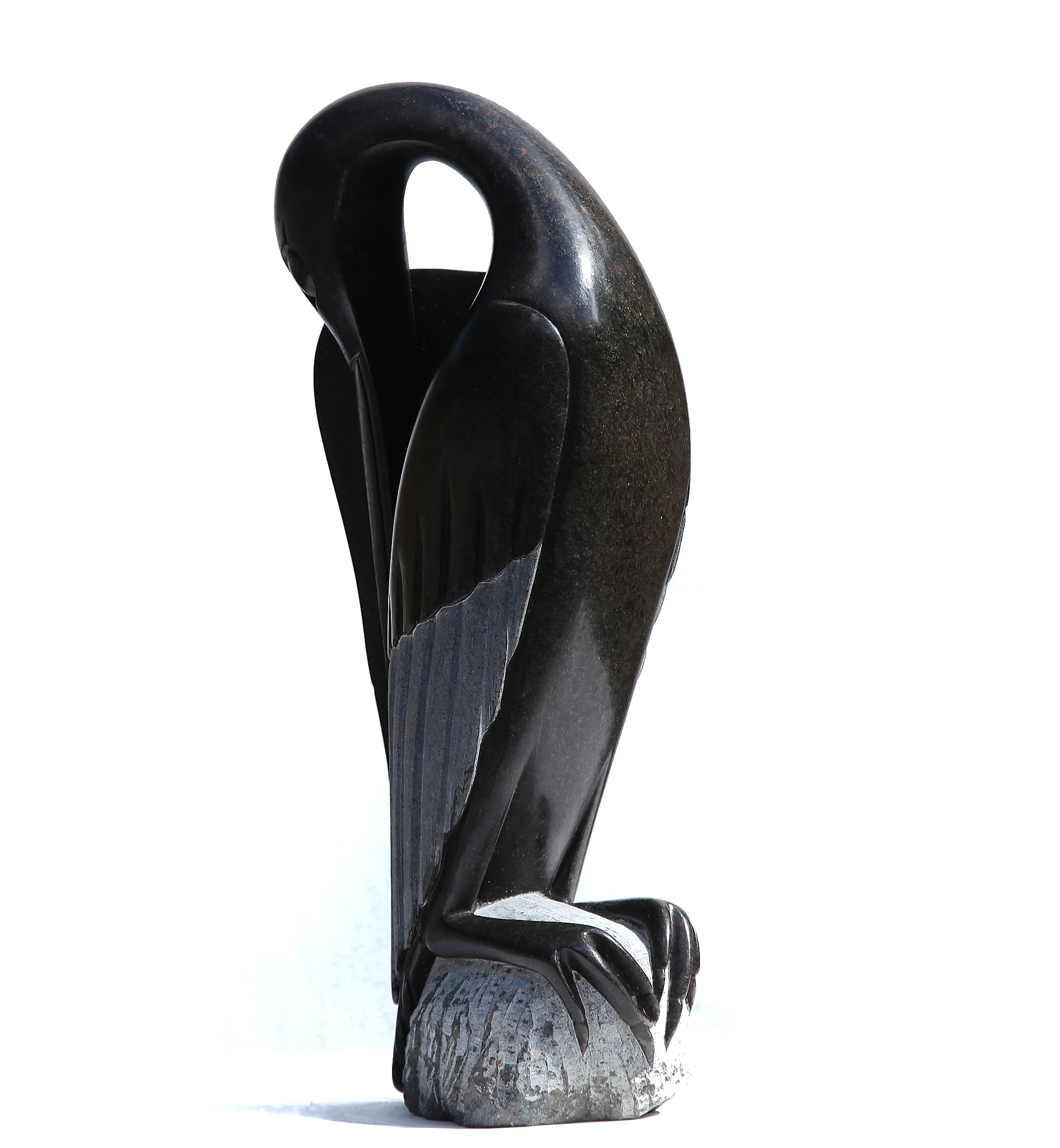 African Shona Springstone Sculpture of A Tall Bird Preening It's Feathers
