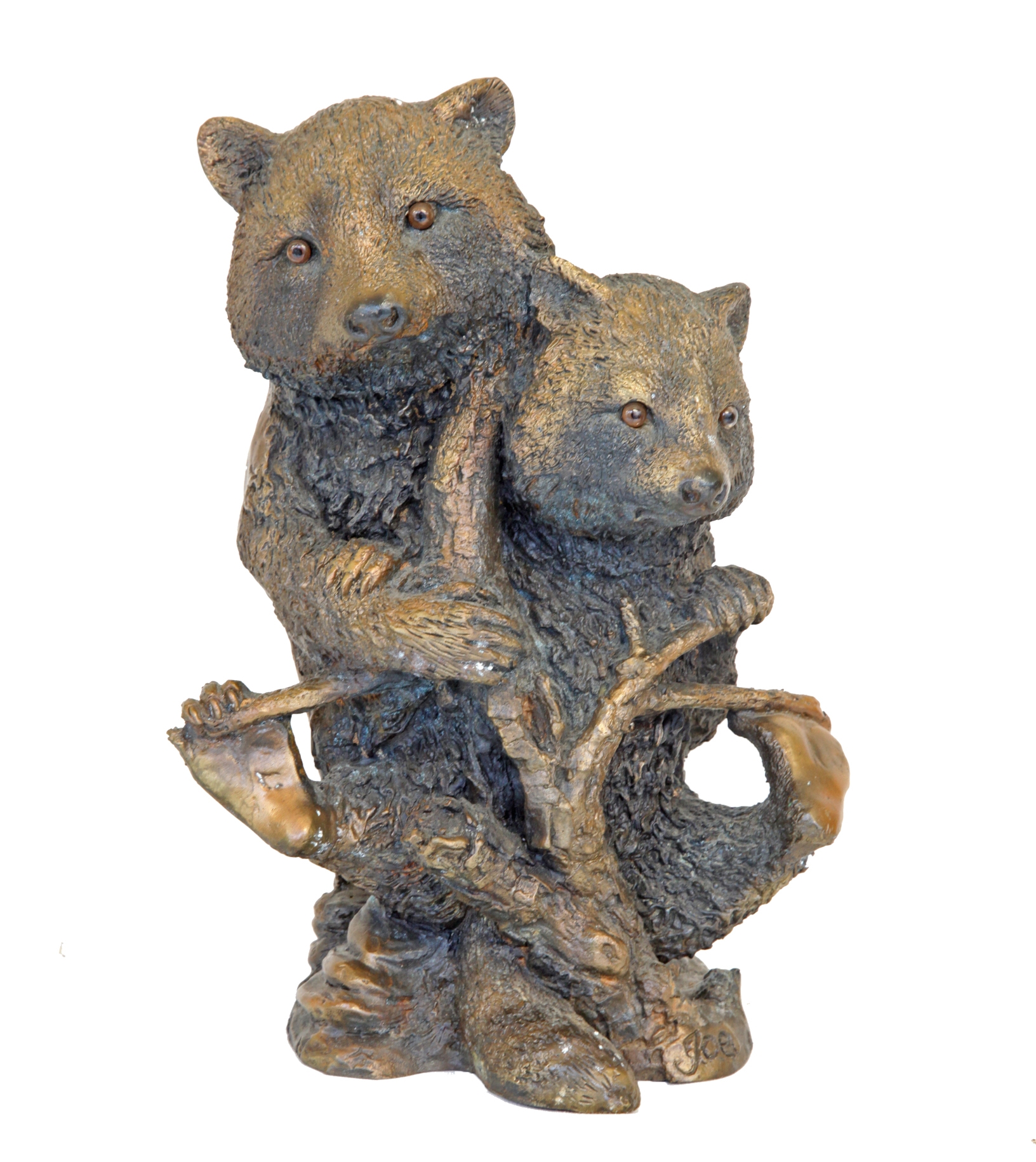 A realism bronze sculpture of two bears climbing a tree together.