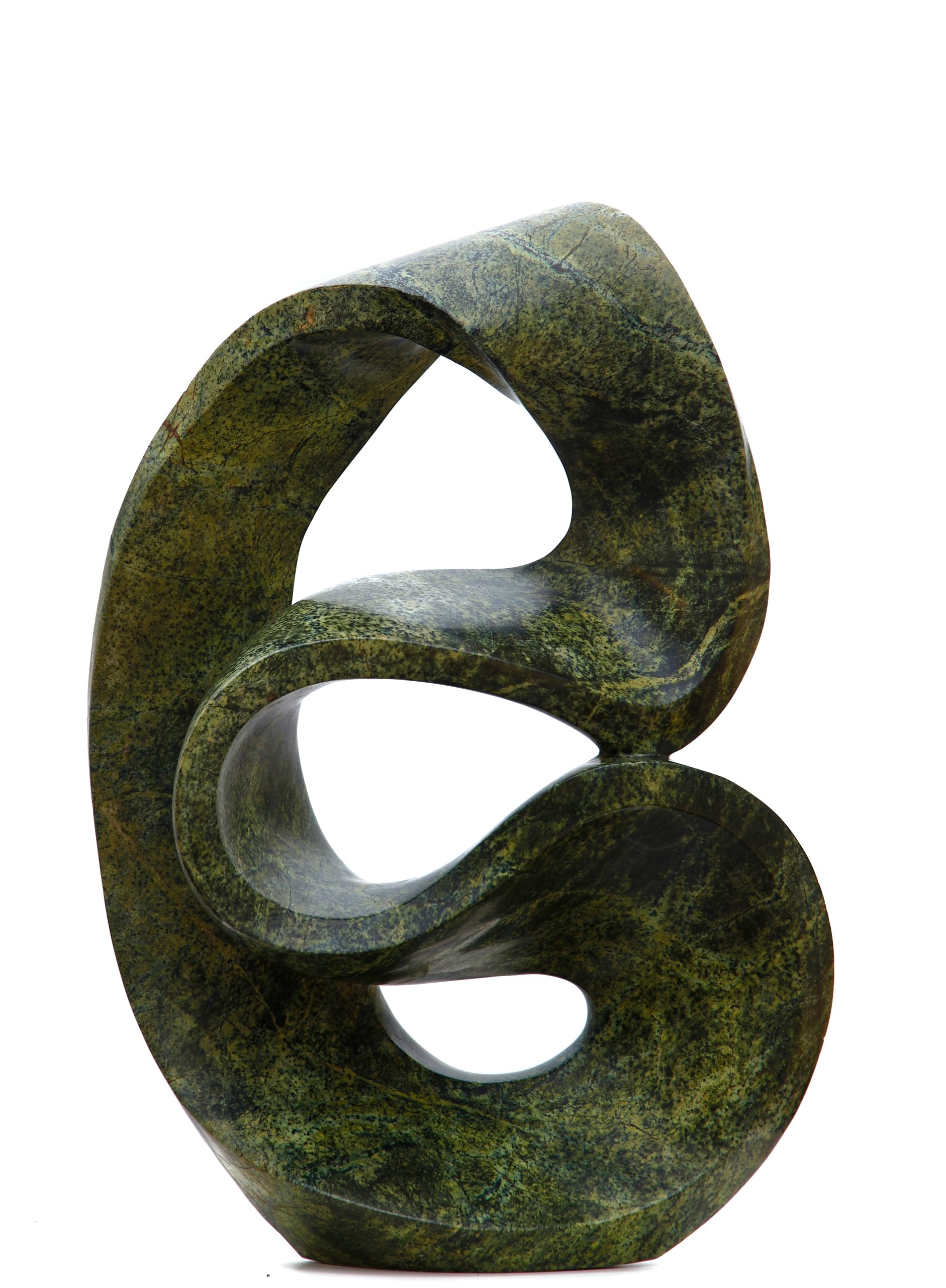 A green coloured abstract Shona sculpture made of Avocado stone.