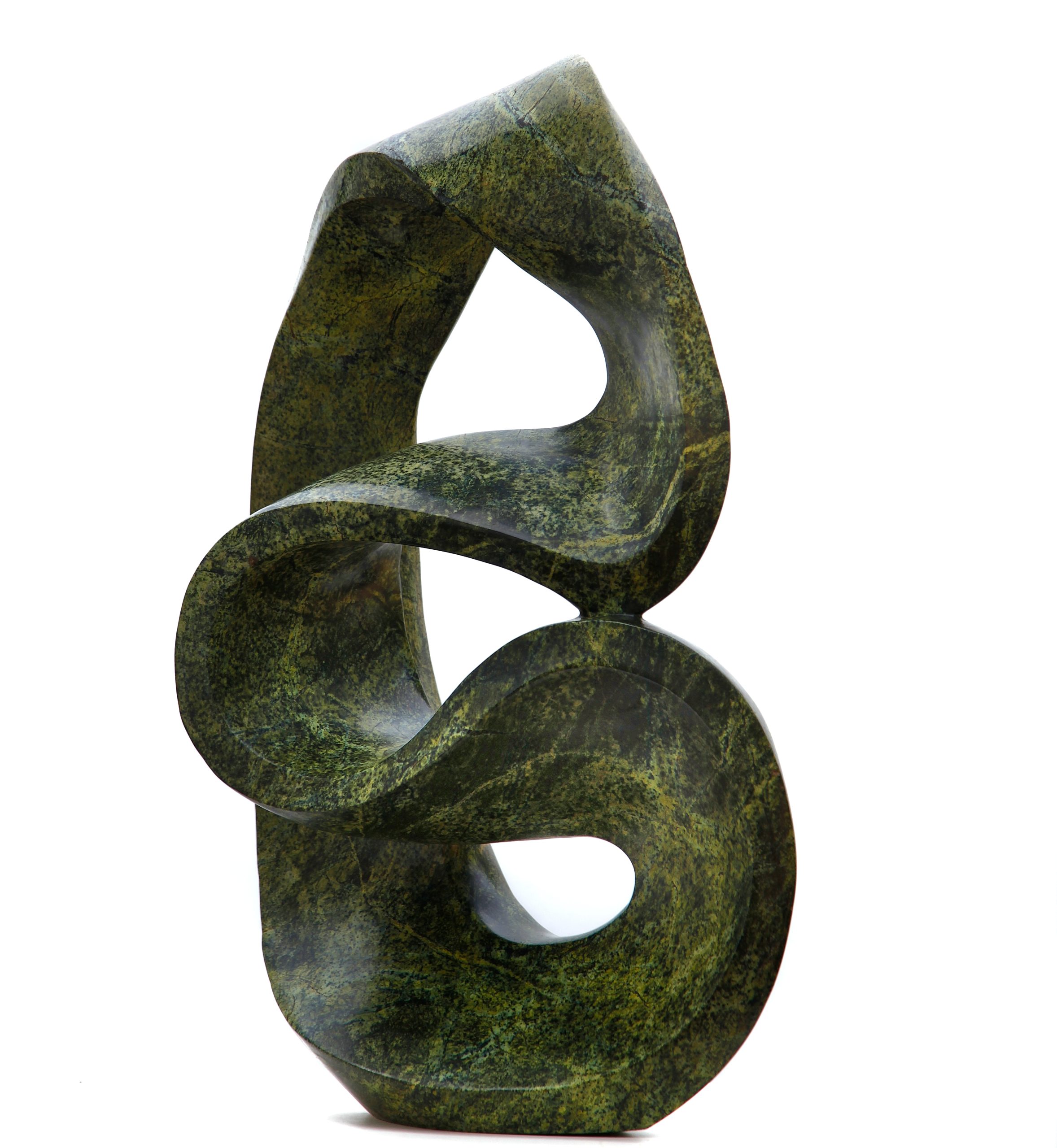 A green coloured abstract Shona sculpture made of Avocado stone.