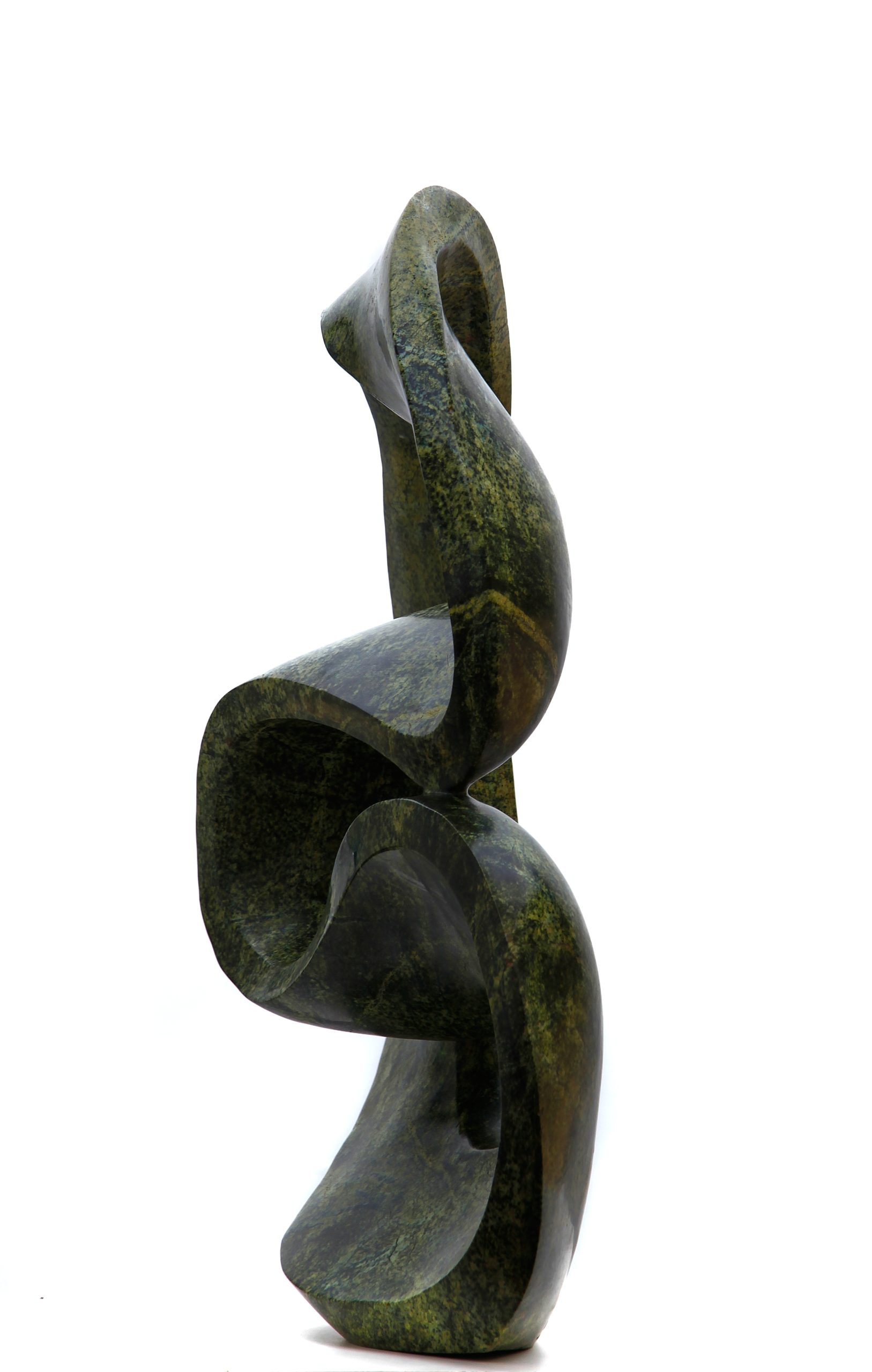 A green coloured abstract Shona sculpture made of Avocado stone.