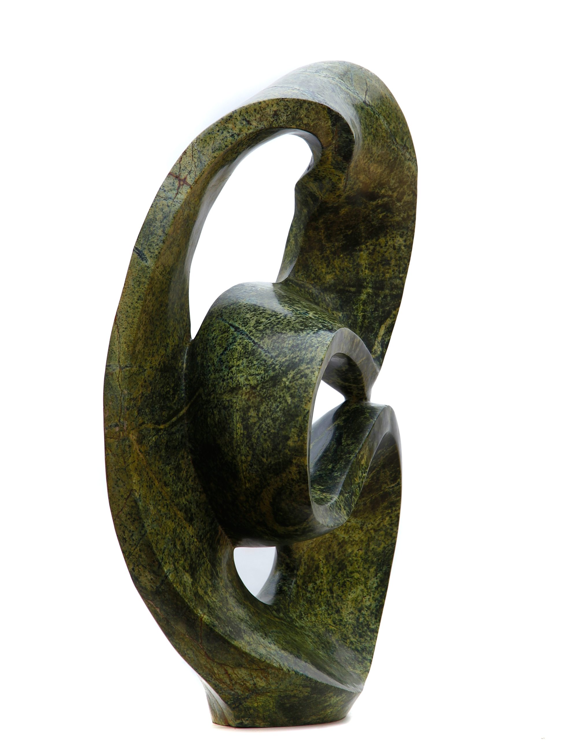A green coloured abstract Shona sculpture made of Avocado stone.