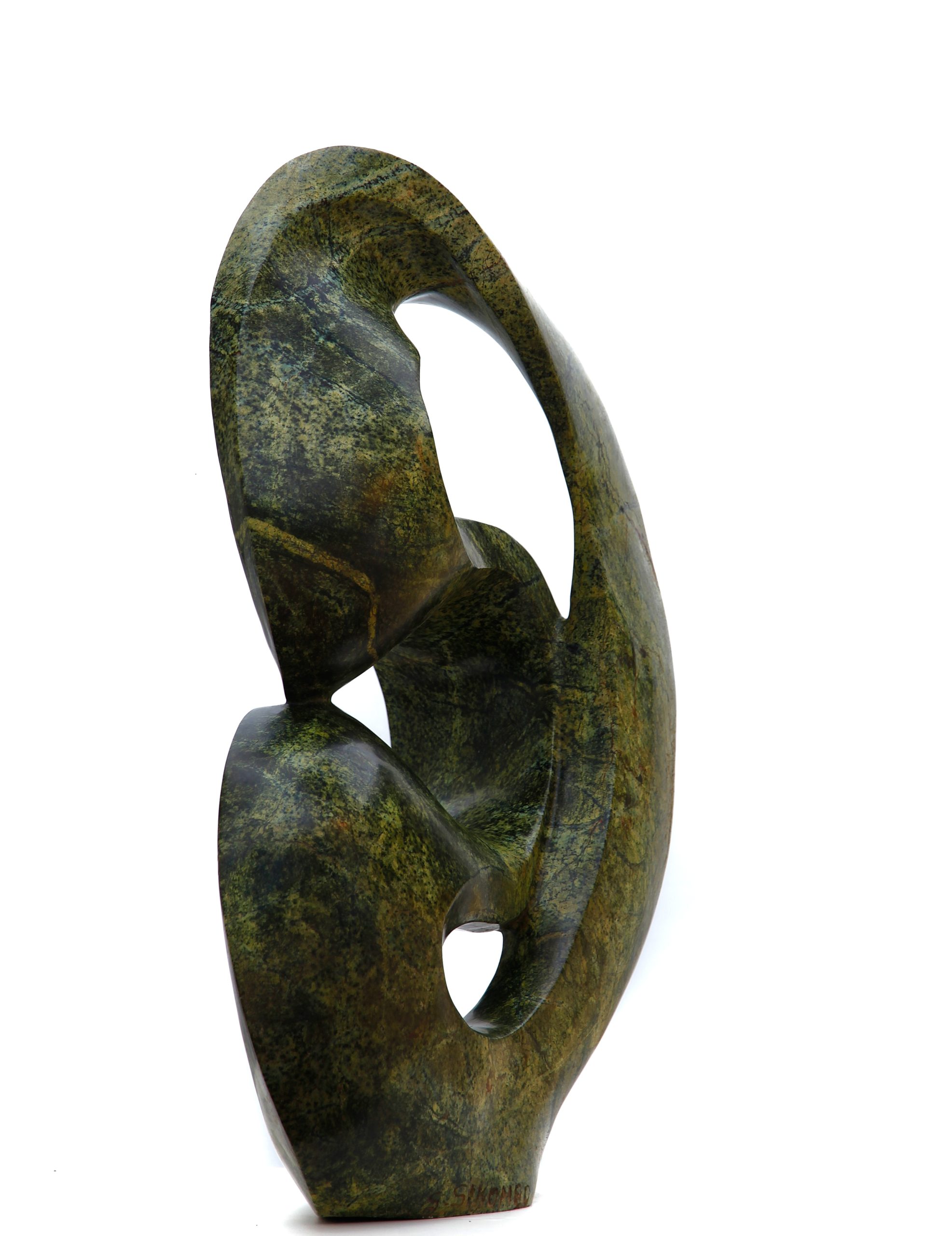 A green coloured abstract Shona sculpture made of Avocado stone.