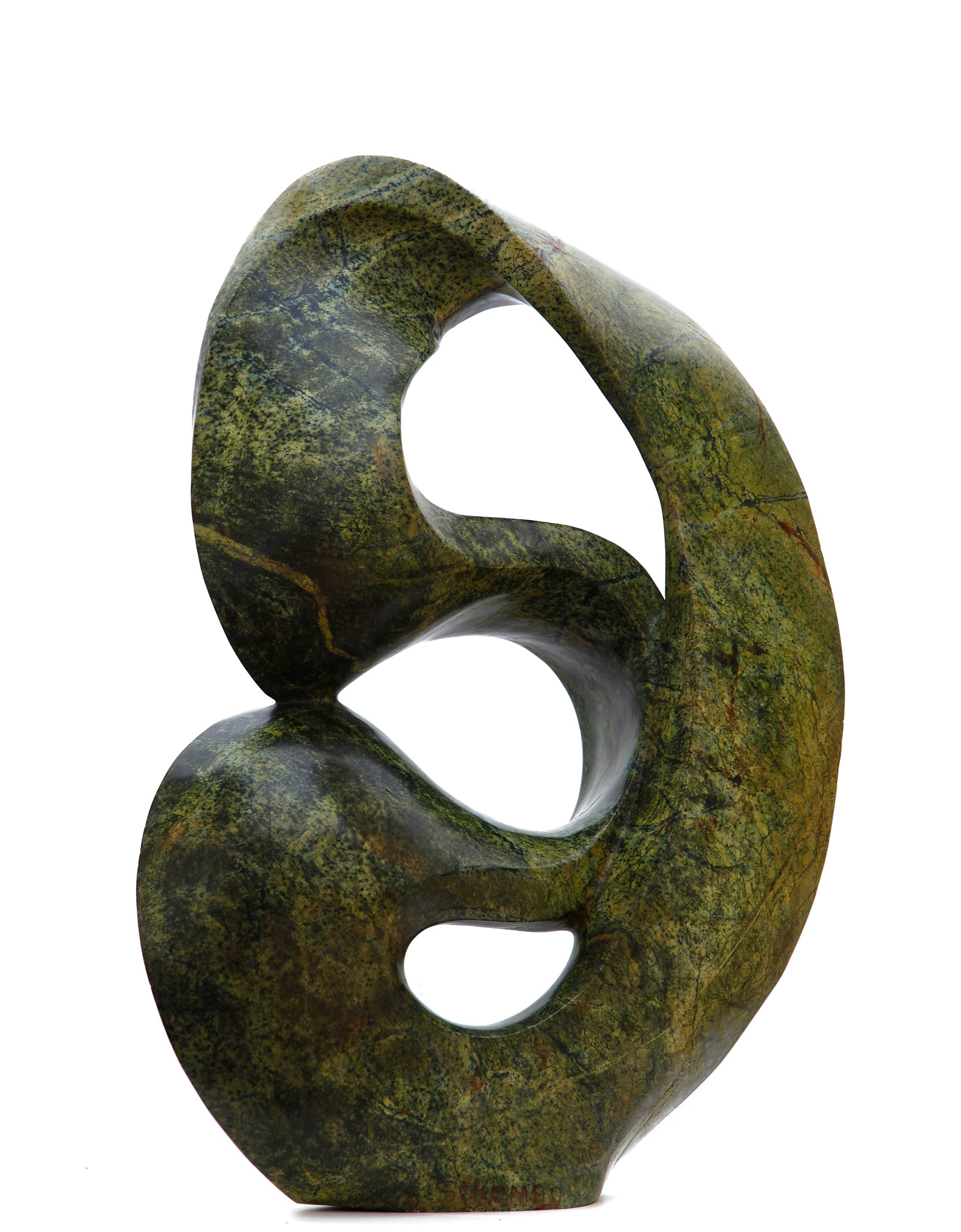A green coloured abstract Shona sculpture made of Avocado stone.