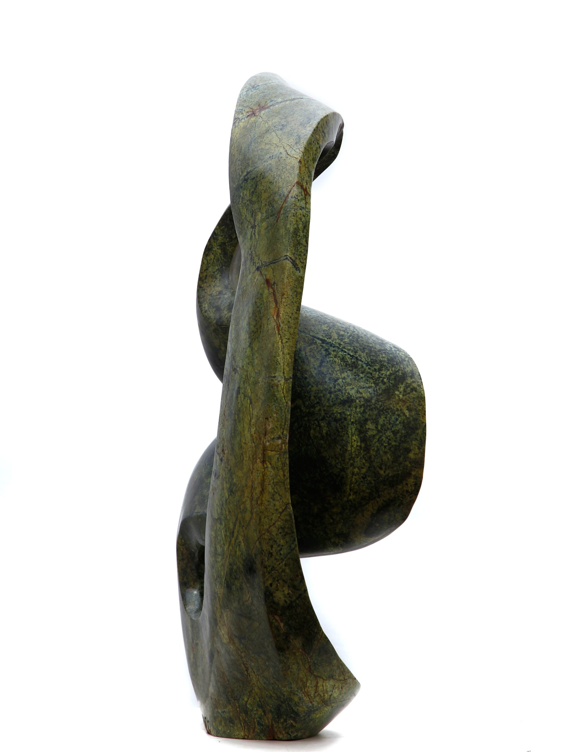 A green coloured abstract Shona sculpture made of Avocado stone.