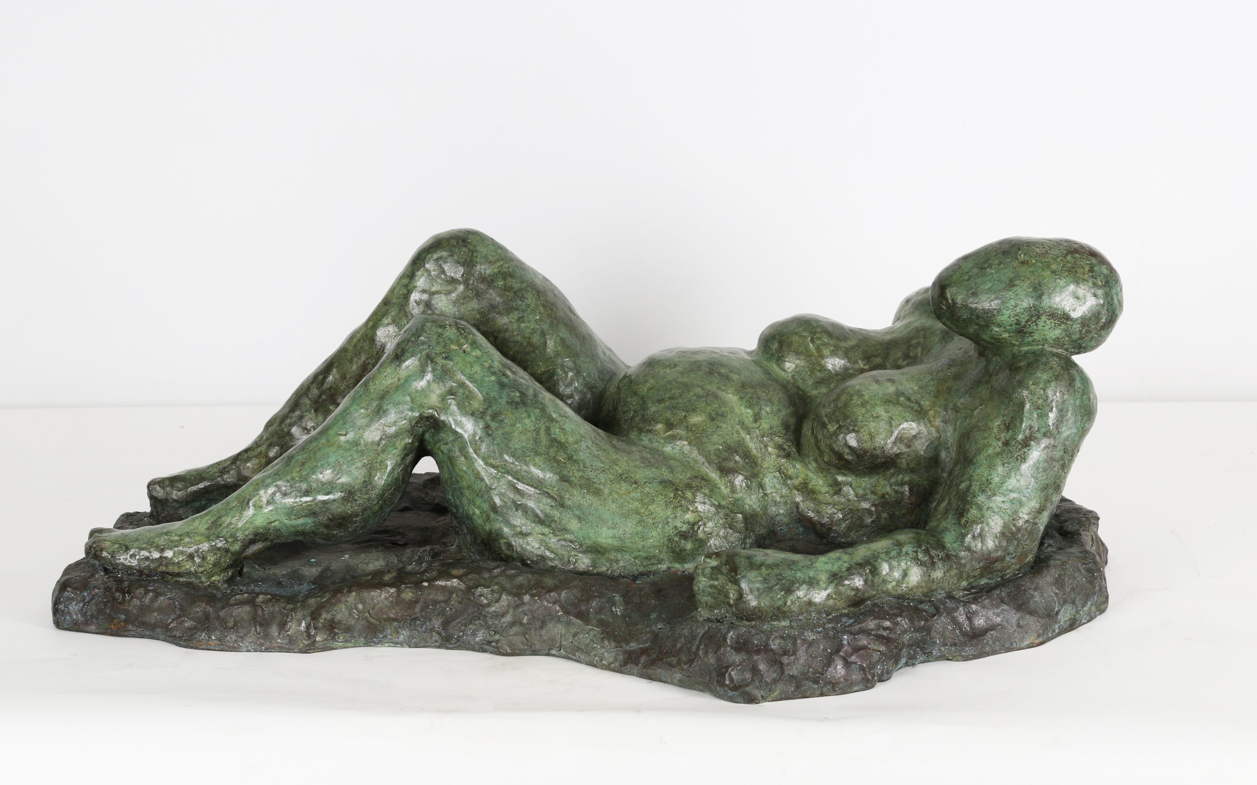 Indoor or Outdoor Bronze Figurative Sculpture of a Nude Pregnant Woman Lying on her back