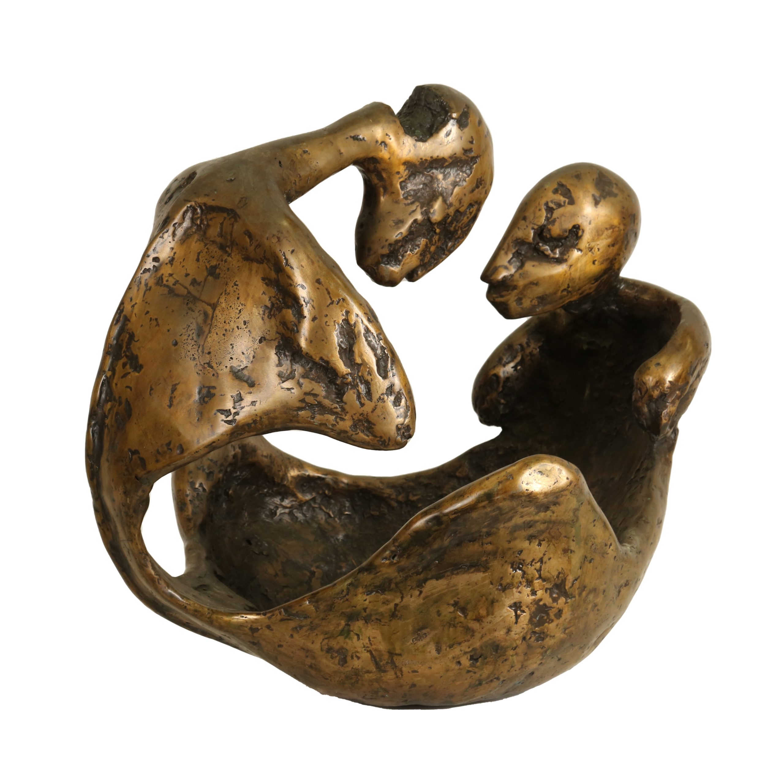 Lesotho Figure by Stella Shawzin is a bronze abstract sculpture showing two skeleton like figures facing each other whilst being attached by the same body.