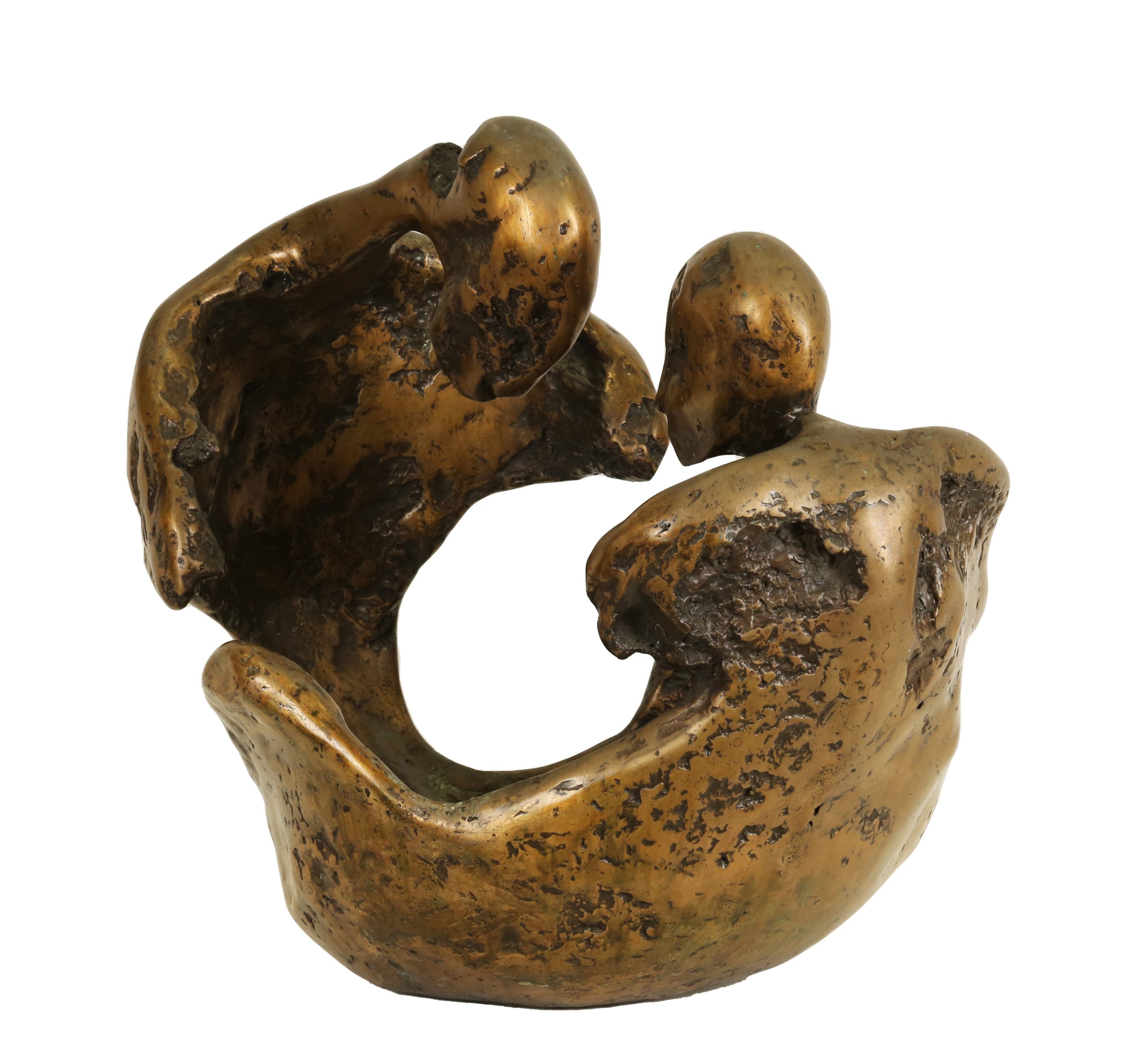 Lesotho Figure by Stella Shawzin is a bronze abstract sculpture showing two skeleton like figures facing each other whilst being attached by the same body.