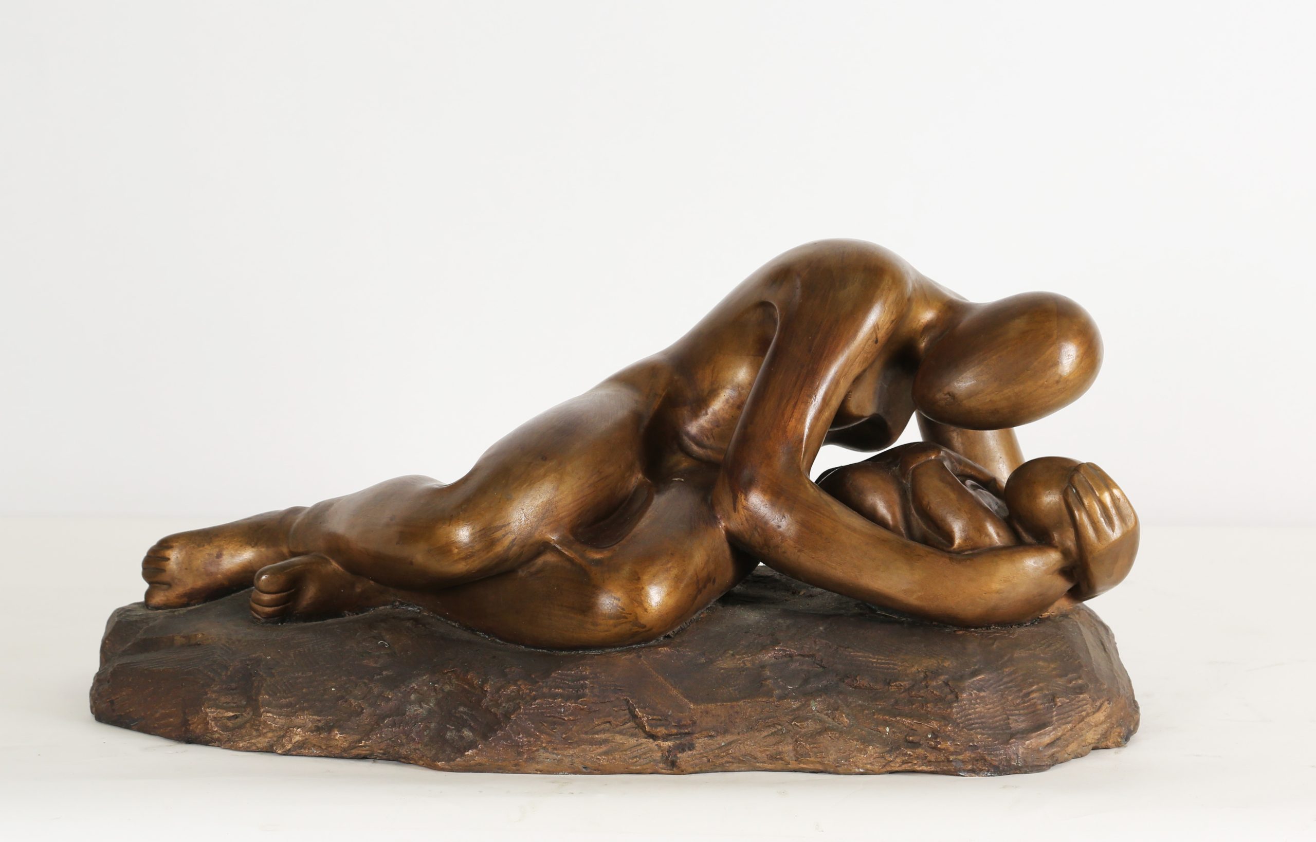Large Bronze Sculpture of a Mother Cradling her baby and lying down