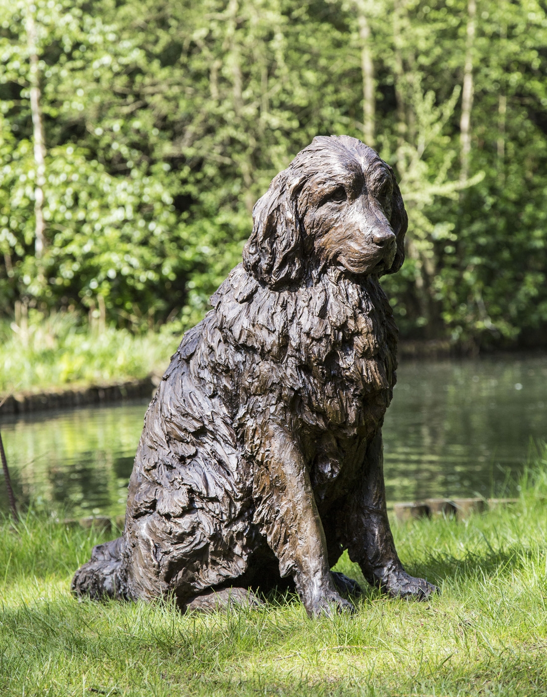 A realism bronze resin sculpture of a newfoundland dog sitting.