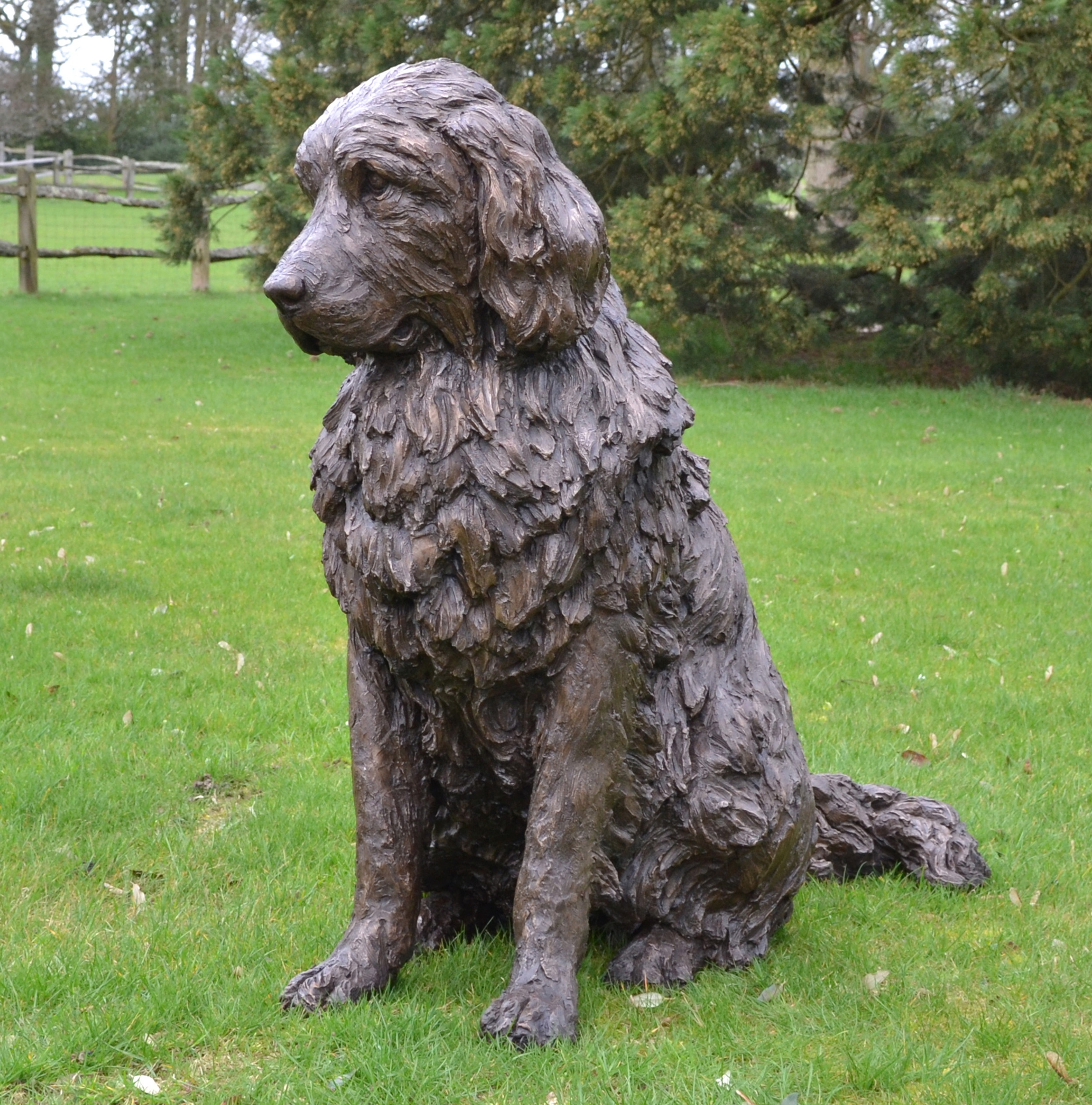 A realism bronze resin sculpture of a newfoundland dog sitting.
