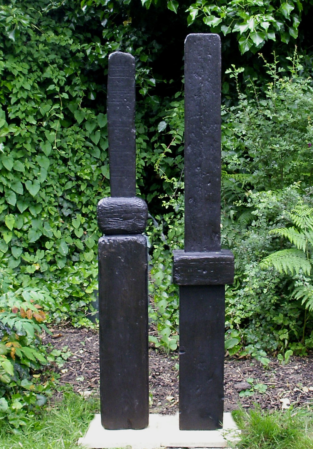 Outdoor Bronze Sculpture Depicting Two Abstract, Minimalistic Guards Keeping Watch