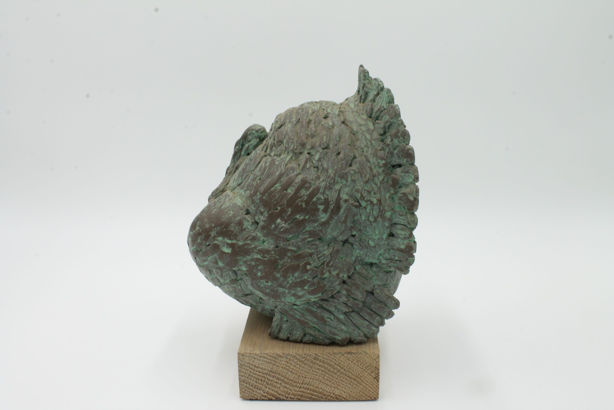 A abstract bronze sculpture of a large turkey standing with its feathers on display.