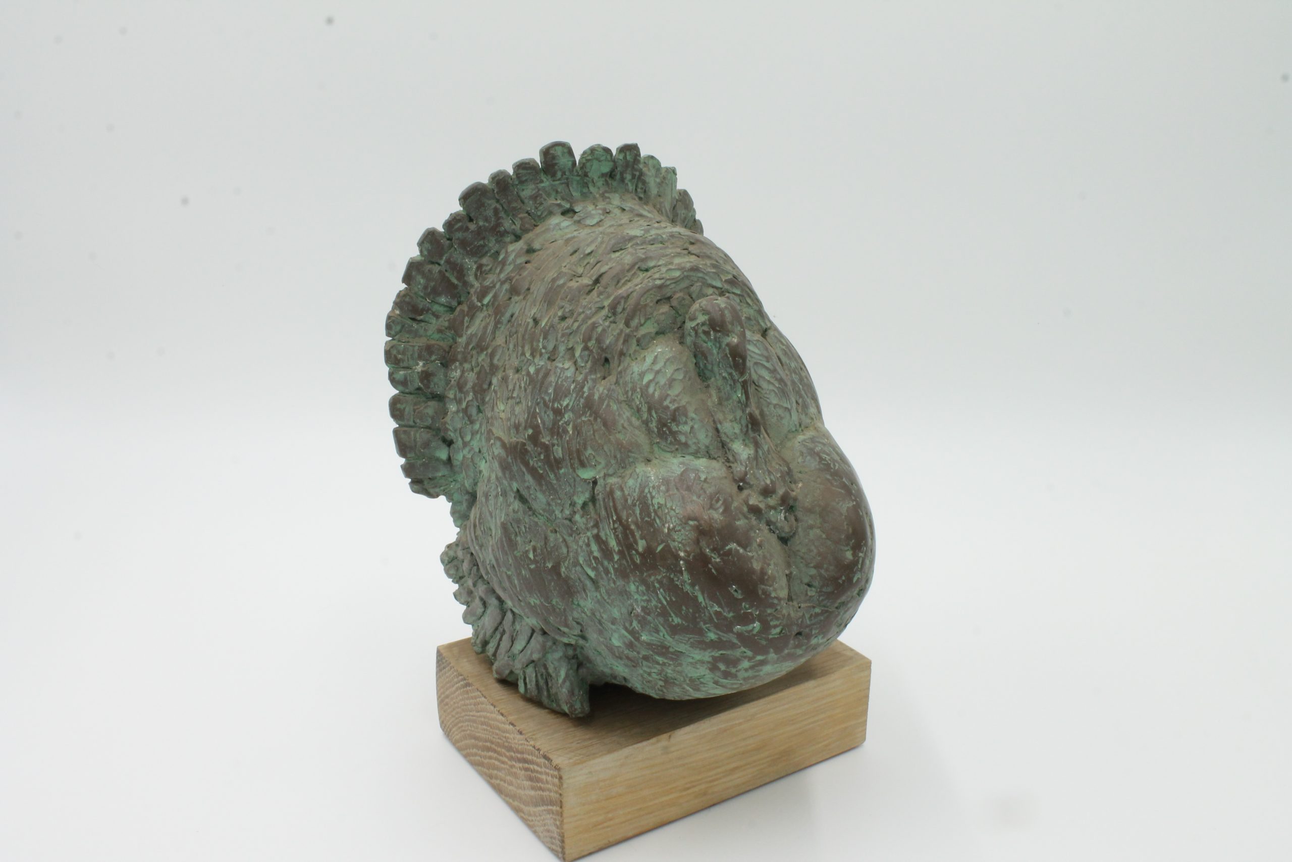 A abstract bronze sculpture of a large turkey standing with its feathers on display.