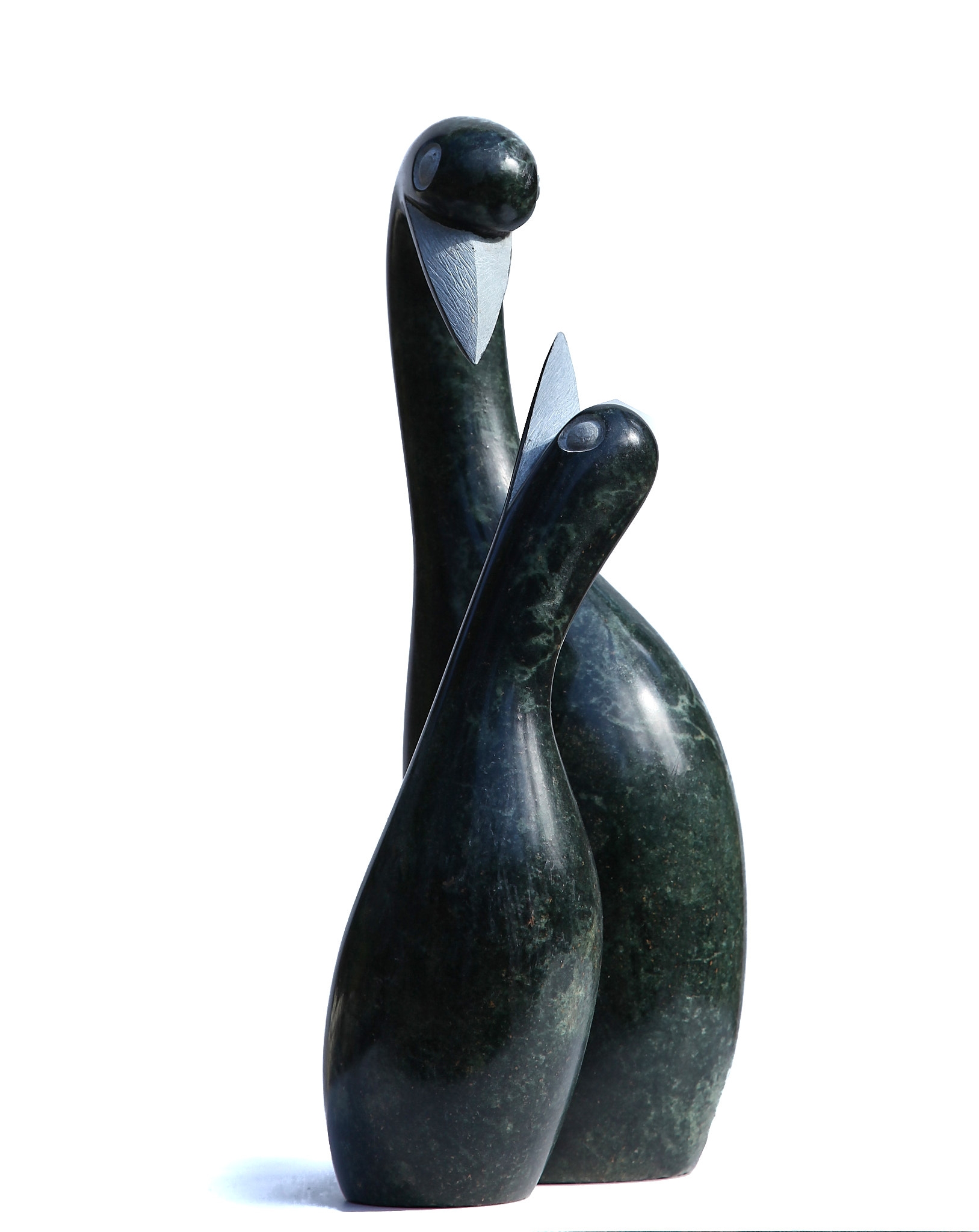 African Shona Springstone Sculpture of Two Abstract Birds, One Parent, One Child looking at Each Other