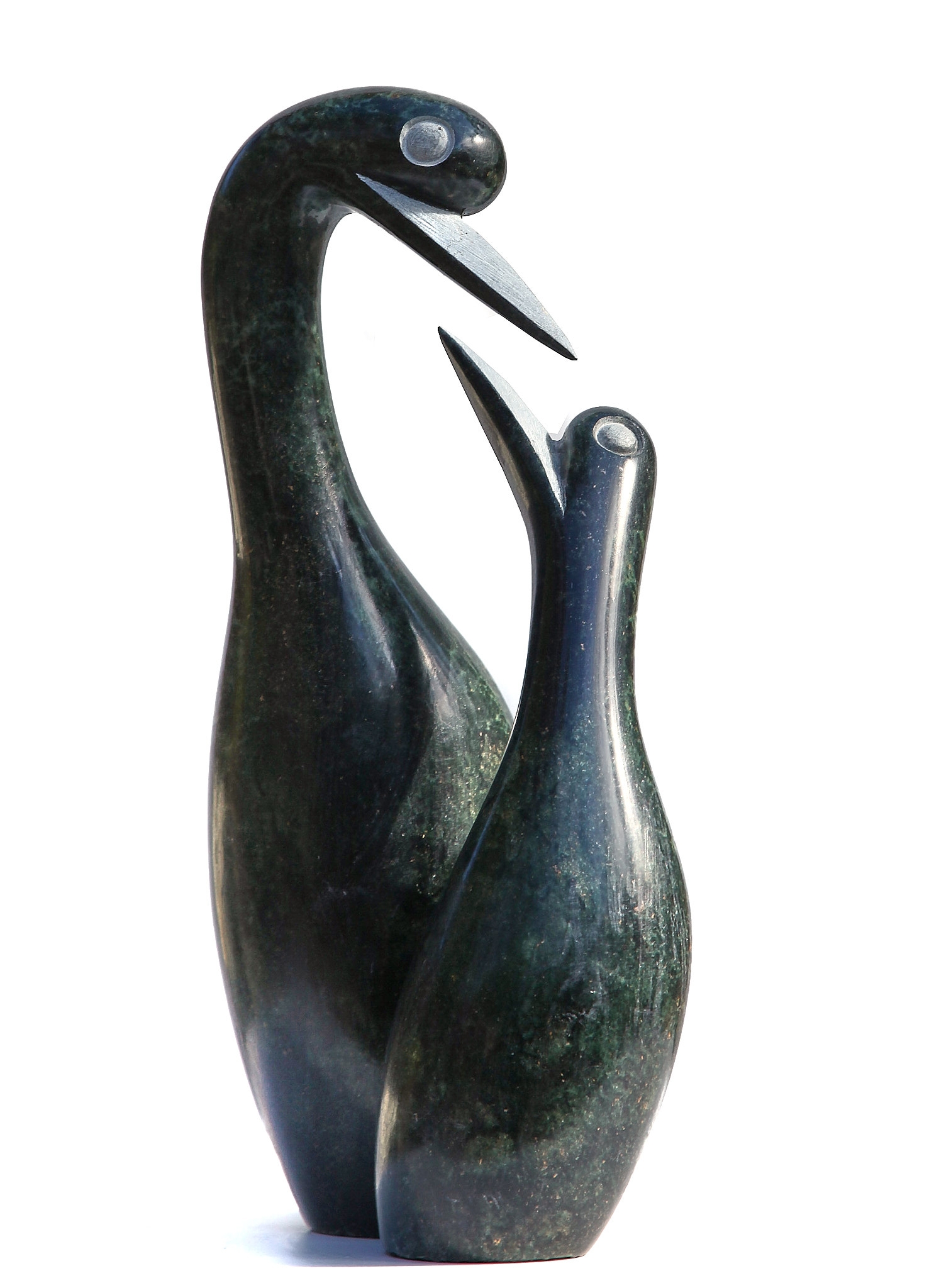 African Shona Springstone Sculpture of Two Abstract Birds, One Parent, One Child looking at Each Other