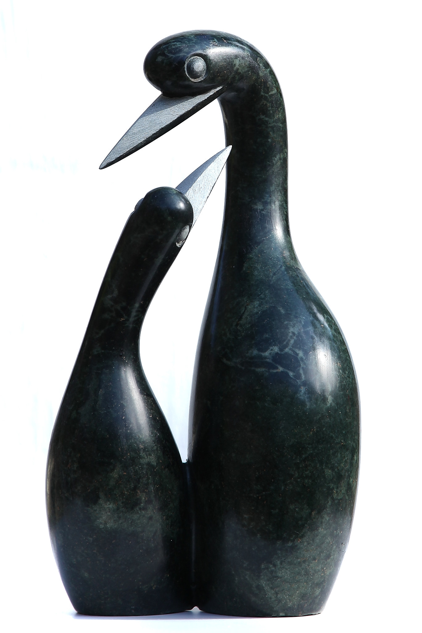 African Shona Springstone Sculpture of Two Abstract Birds, One Parent, One Child looking at Each Other