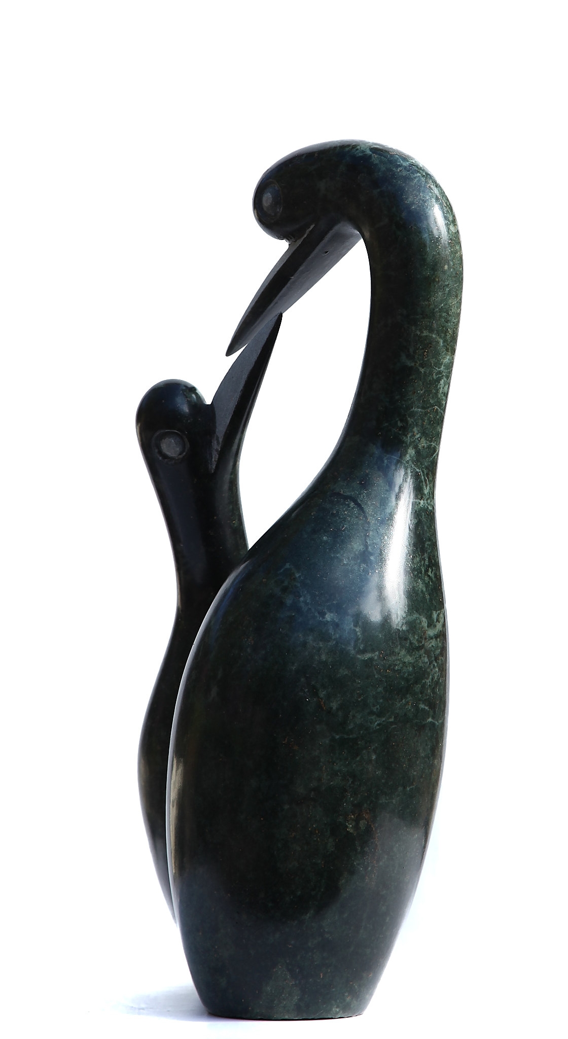 African Shona Springstone Sculpture of Two Abstract Birds, One Parent, One Child looking at Each Other