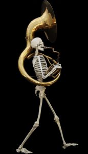 Bronze Skeleton Sculpture Playing a French Horn