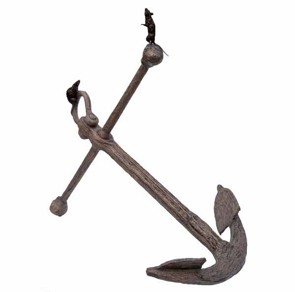 A realism bronze sculpture of a large anchor with a rat and mouse climbing on top of it.