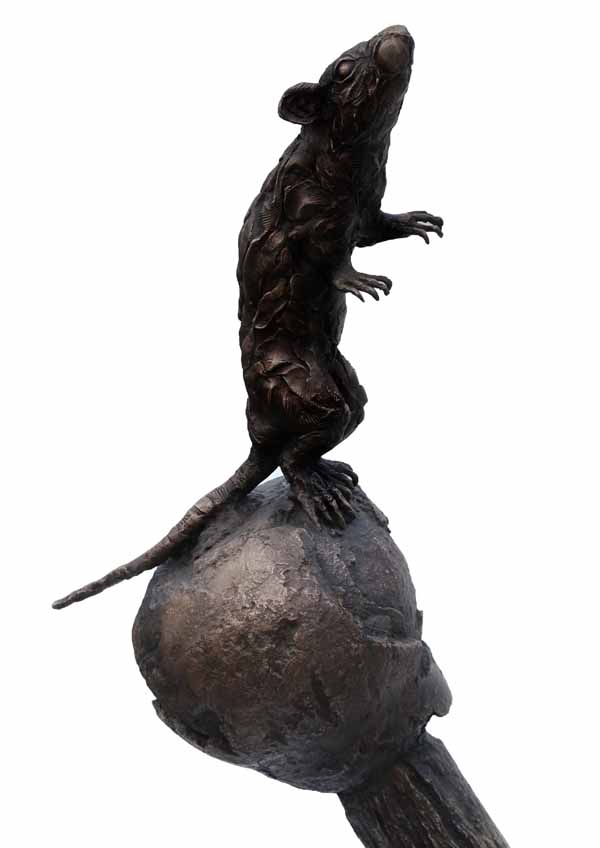 A realism bronze sculpture of a large anchor with a rat and mouse climbing on top of it.