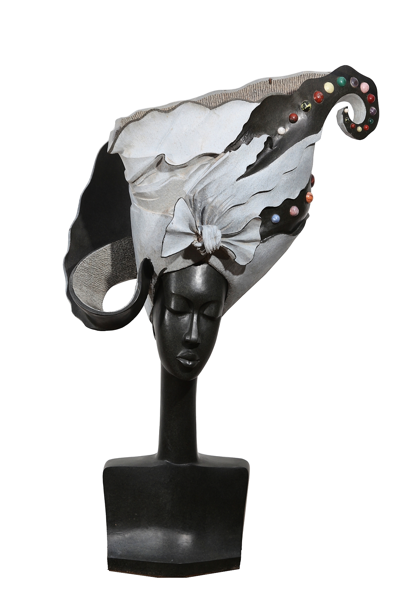 Monumental Springstone Carved Shona Sculpture of a Glamorous African Woman with Jewels in her hair
