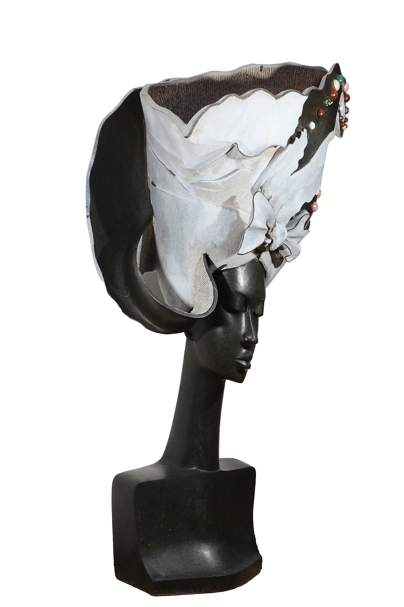 Monumental Springstone Carved Shona Sculpture of a Glamorous African Woman with Jewels in her hair