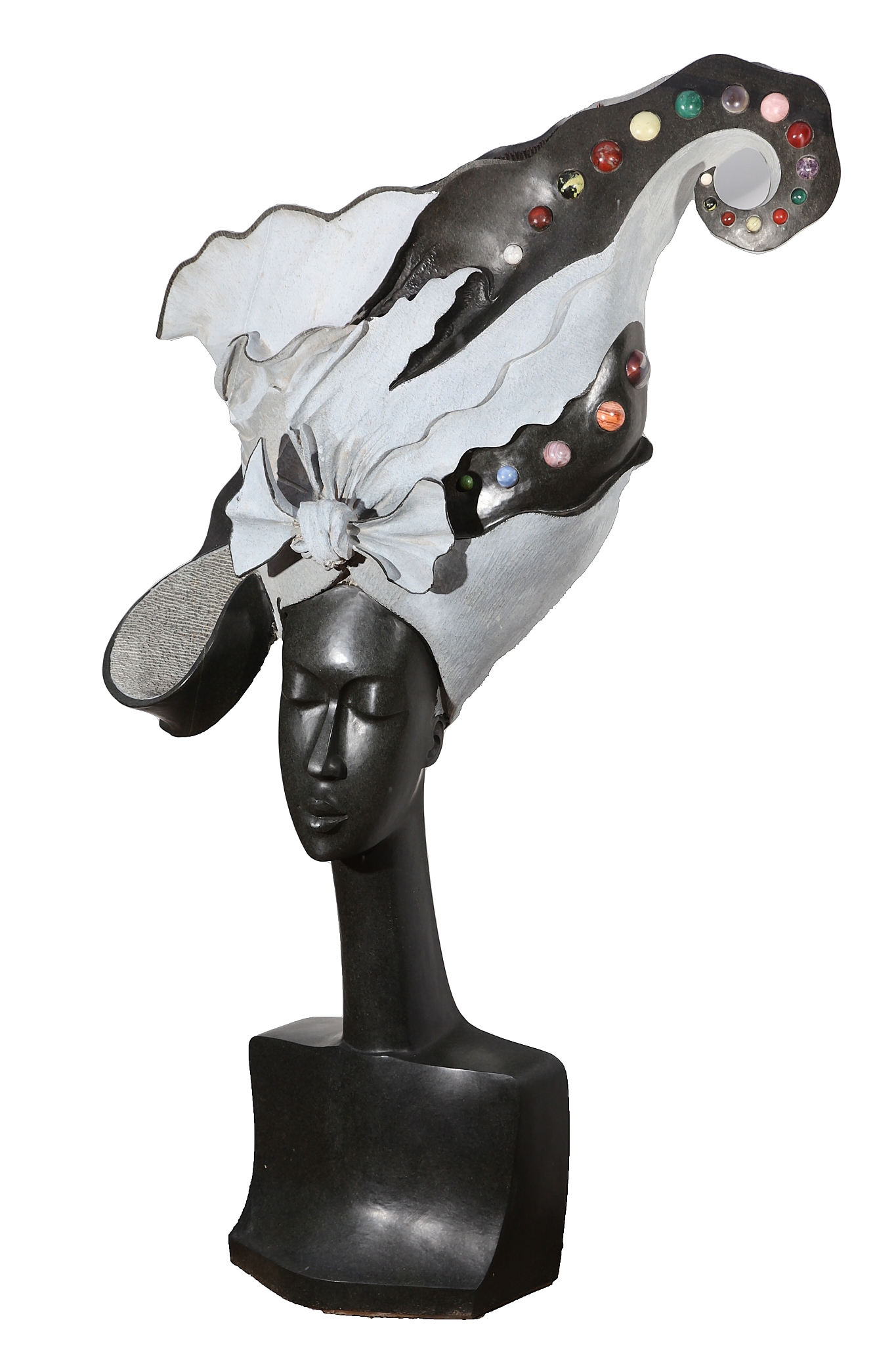 Monumental Springstone Carved Shona Sculpture of a Glamorous African Woman with Jewels in her hair